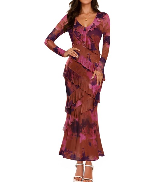 ZESICA Women's Fall Floral Long Sleeve Maxi Dress 2025 Boho Bodycon V Neck Ruffle Wedding Party Long Dresses