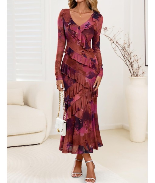 ZESICA Women's Fall Floral Long Sleeve Maxi Dress 2025 Boho Bodycon V Neck Ruffle Wedding Party Long Dresses