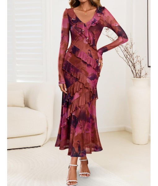 ZESICA Women's Fall Floral Long Sleeve Maxi Dress 2025 Boho Bodycon V Neck Ruffle Wedding Party Long Dresses