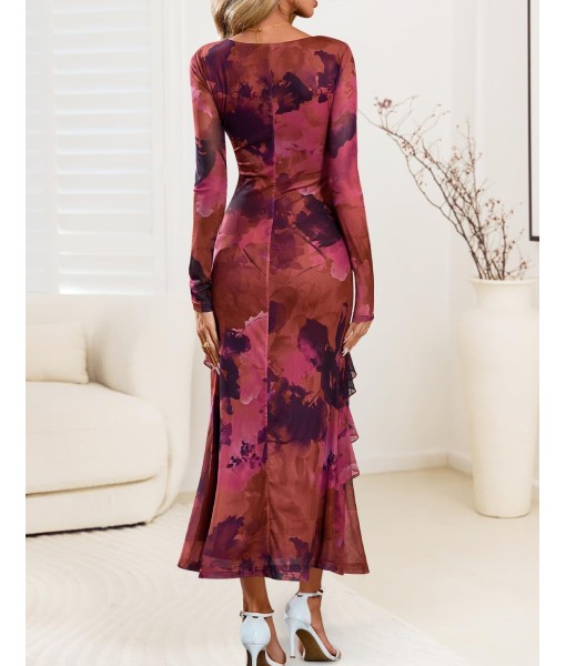 ZESICA Women's Fall Floral Long Sleeve Maxi Dress 2025 Boho Bodycon V Neck Ruffle Wedding Party Long Dresses