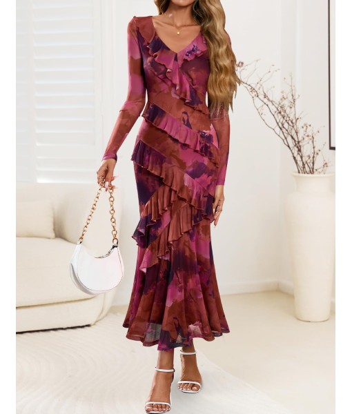 ZESICA Women's Fall Floral Long Sleeve Maxi Dress 2025 Boho Bodycon V Neck Ruffle Wedding Party Long Dresses