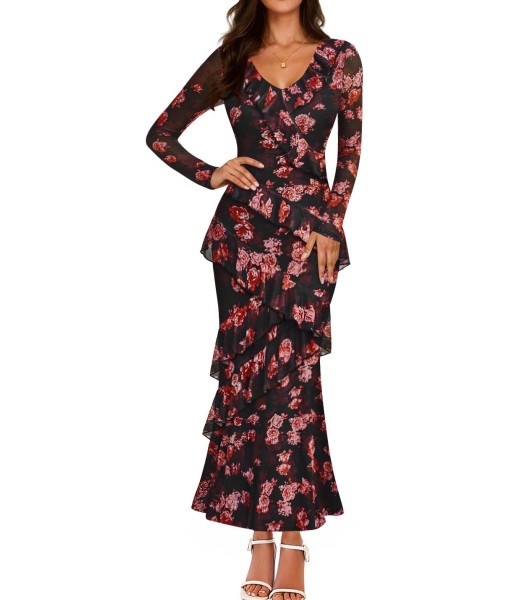 ZESICA Women's Fall Floral Long Sleeve Maxi Dress 2025 Boho Bodycon V Neck Ruffle Wedding Party Long Dresses