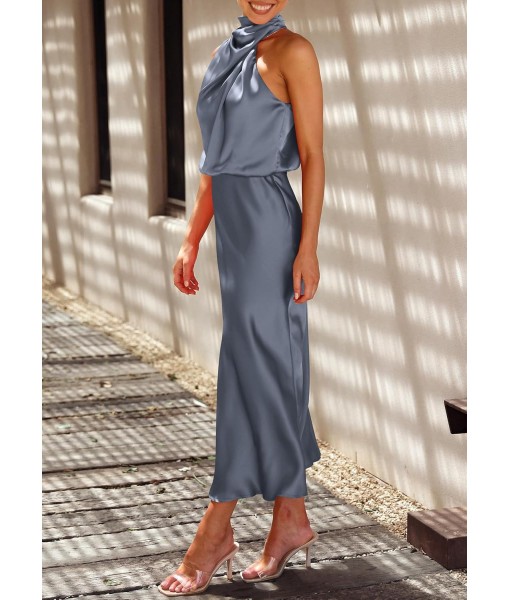 PRETTYGARDEN Women's 2025 Summer Satin Dress Elegant Sleeveless Mock Neck Cocktail Party Maxi Dresses