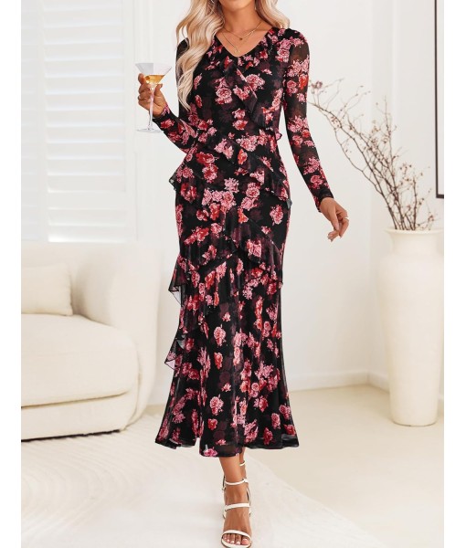 ZESICA Women's Fall Floral Long Sleeve Maxi Dress 2025 Boho Bodycon V Neck Ruffle Wedding Party Long Dresses