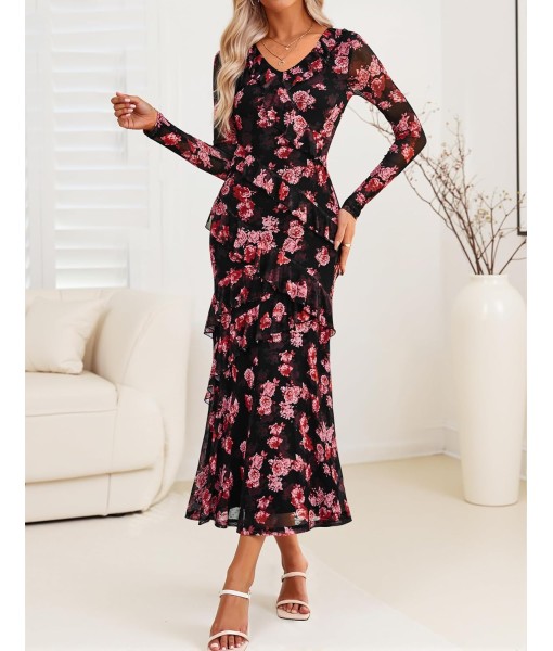 ZESICA Women's Fall Floral Long Sleeve Maxi Dress 2025 Boho Bodycon V Neck Ruffle Wedding Party Long Dresses