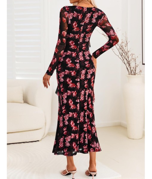 ZESICA Women's Fall Floral Long Sleeve Maxi Dress 2025 Boho Bodycon V Neck Ruffle Wedding Party Long Dresses
