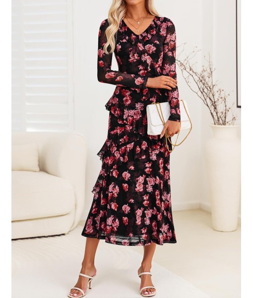 ZESICA Women's Fall Floral Long Sleeve Maxi Dress 2025 Boho Bodycon V Neck Ruffle Wedding Party Long Dresses