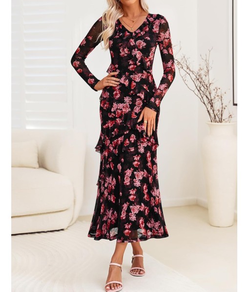 ZESICA Women's Fall Floral Long Sleeve Maxi Dress 2025 Boho Bodycon V Neck Ruffle Wedding Party Long Dresses