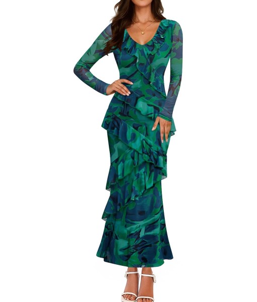ZESICA Women's Fall Floral Long Sleeve Maxi Dress 2025 Boho Bodycon V Neck Ruffle Wedding Party Long Dresses
