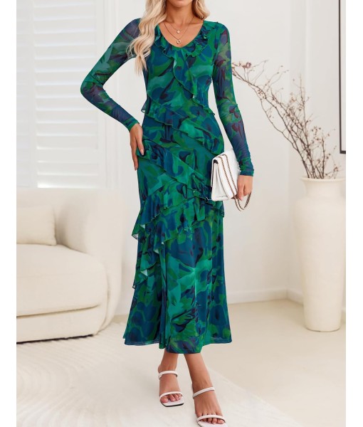 ZESICA Women's Fall Floral Long Sleeve Maxi Dress 2025 Boho Bodycon V Neck Ruffle Wedding Party Long Dresses