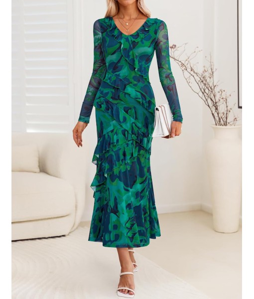 ZESICA Women's Fall Floral Long Sleeve Maxi Dress 2025 Boho Bodycon V Neck Ruffle Wedding Party Long Dresses