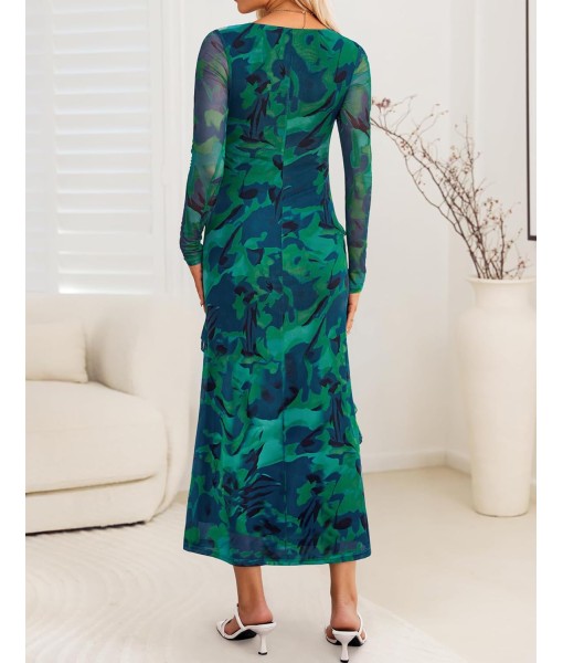 ZESICA Women's Fall Floral Long Sleeve Maxi Dress 2025 Boho Bodycon V Neck Ruffle Wedding Party Long Dresses