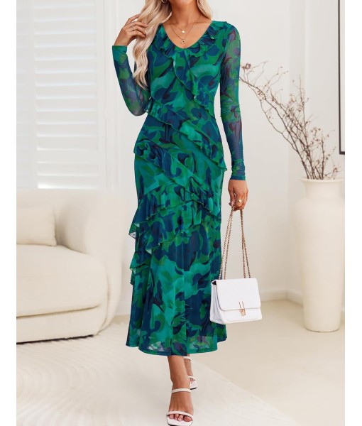 ZESICA Women's Fall Floral Long Sleeve Maxi Dress 2025 Boho Bodycon V Neck Ruffle Wedding Party Long Dresses