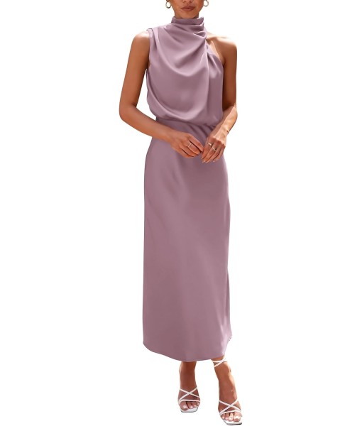 PRETTYGARDEN Women's 2025 Summer Satin Dress Elegant Sleeveless Mock Neck Cocktail Party Maxi Dresses