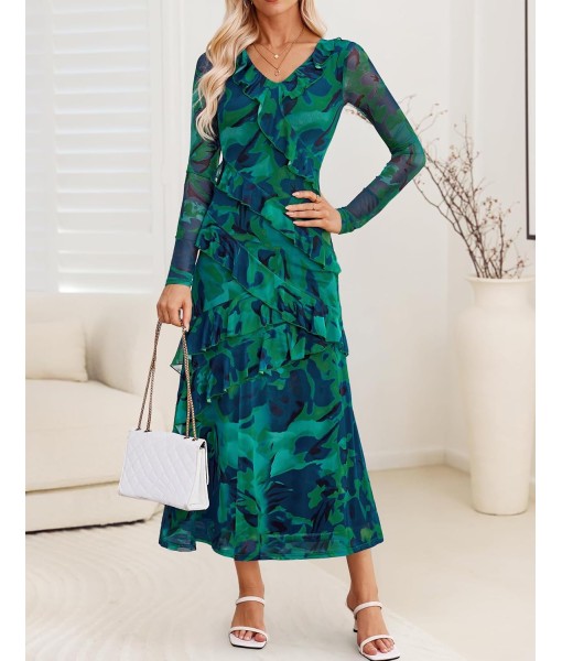 ZESICA Women's Fall Floral Long Sleeve Maxi Dress 2025 Boho Bodycon V Neck Ruffle Wedding Party Long Dresses