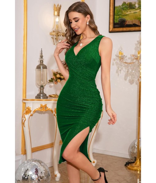 IHOT 2025 Women's Sexy V Neck Sleeveless Side Slit Ruched Bodycon Faux Wrap Party Cocktail Work Midi Dress