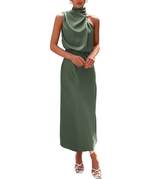 PRETTYGARDEN Women's 2025 Summer Satin Dress Elegant Sleeveless Mock Neck Cocktail Party Maxi Dresses