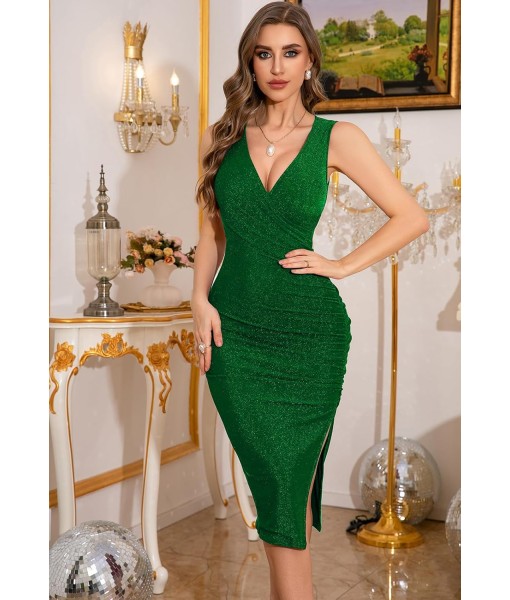 IHOT 2025 Women's Sexy V Neck Sleeveless Side Slit Ruched Bodycon Faux Wrap Party Cocktail Work Midi Dress