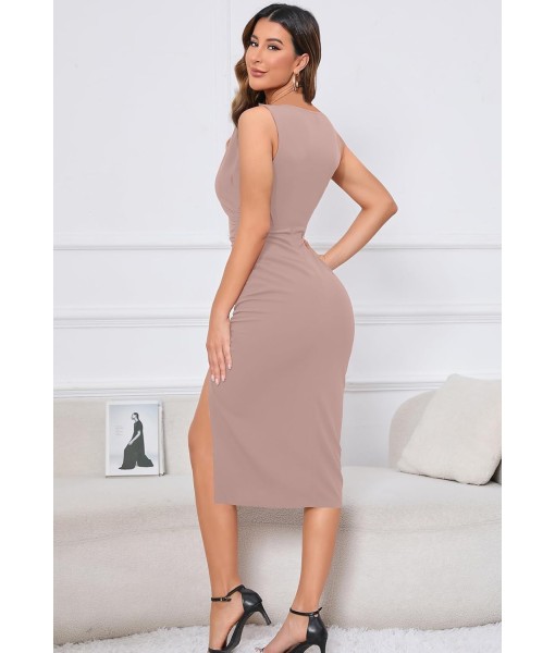IHOT 2025 Women's Sexy V Neck Sleeveless Side Slit Ruched Bodycon Faux Wrap Party Cocktail Work Midi Dress