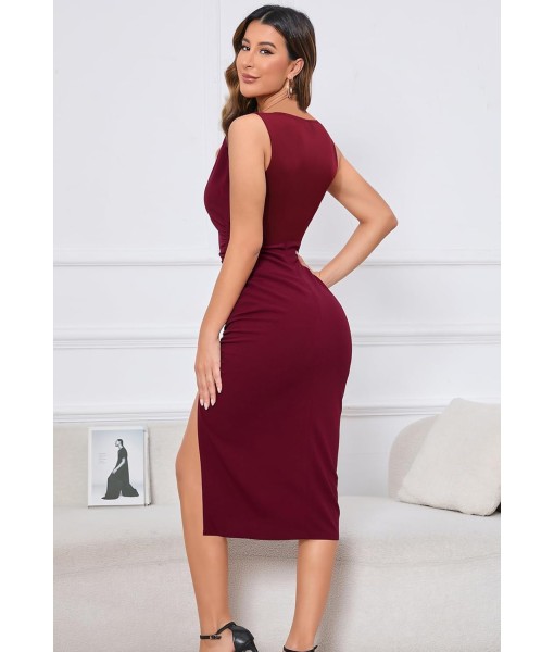 IHOT 2025 Women's Sexy V Neck Sleeveless Side Slit Ruched Bodycon Faux Wrap Party Cocktail Work Midi Dress