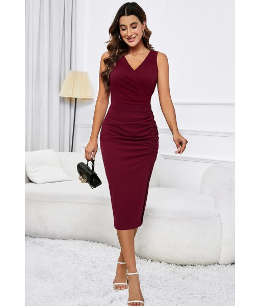 IHOT 2025 Women's Sexy V Neck Sleeveless Side Slit Ruched Bodycon Faux Wrap Party Cocktail Work Midi Dress