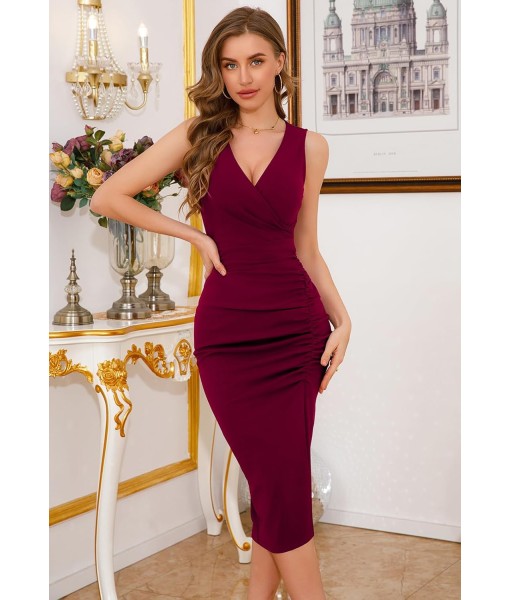 IHOT 2025 Women's Sexy V Neck Sleeveless Side Slit Ruched Bodycon Faux Wrap Party Cocktail Work Midi Dress