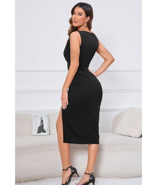 IHOT 2025 Women's Sexy V Neck Sleeveless Side Slit Ruched Bodycon Faux Wrap Party Cocktail Work Midi Dress