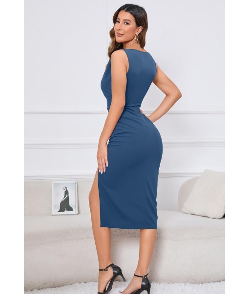 IHOT 2025 Women's Sexy V Neck Sleeveless Side Slit Ruched Bodycon Faux Wrap Party Cocktail Work Midi Dress