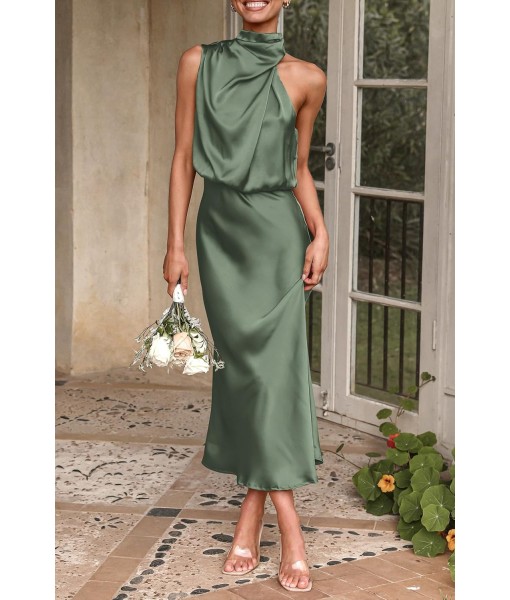 PRETTYGARDEN Women's 2025 Summer Satin Dress Elegant Sleeveless Mock Neck Cocktail Party Maxi Dresses