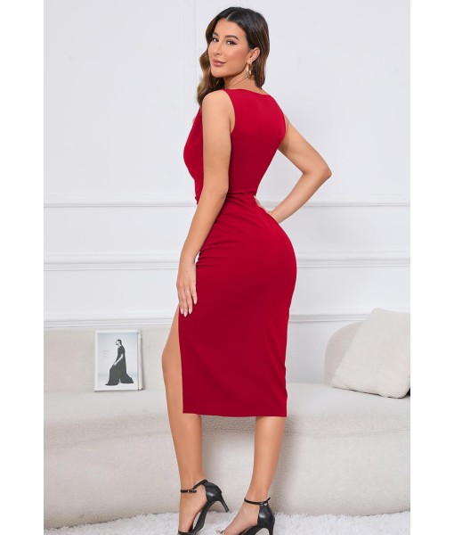 IHOT 2025 Women's Sexy V Neck Sleeveless Side Slit Ruched Bodycon Faux Wrap Party Cocktail Work Midi Dress