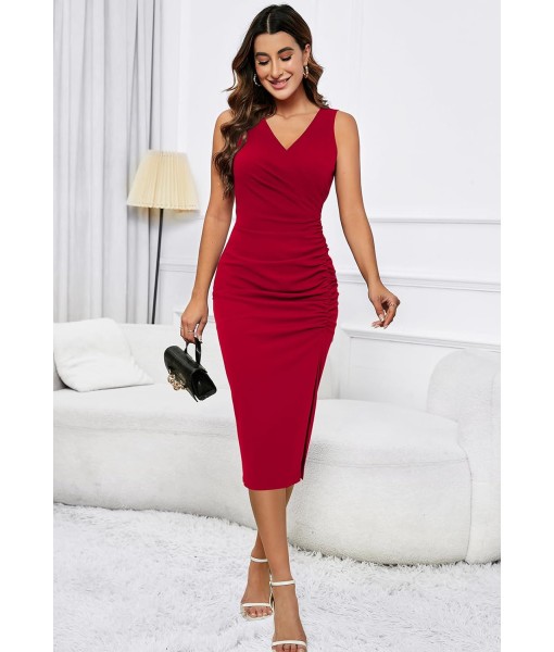 IHOT 2025 Women's Sexy V Neck Sleeveless Side Slit Ruched Bodycon Faux Wrap Party Cocktail Work Midi Dress
