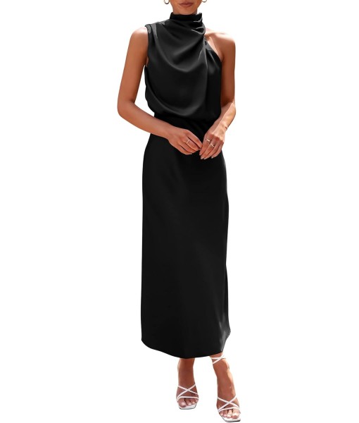 PRETTYGARDEN Women's 2025 Summer Satin Dress Elegant Sleeveless Mock Neck Cocktail Party Maxi Dresses