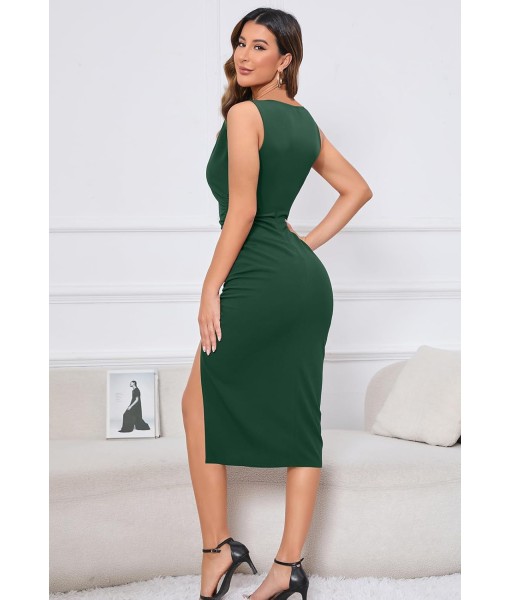 IHOT 2025 Women's Sexy V Neck Sleeveless Side Slit Ruched Bodycon Faux Wrap Party Cocktail Work Midi Dress