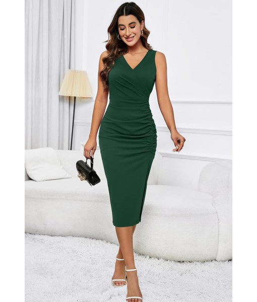 IHOT 2025 Women's Sexy V Neck Sleeveless Side Slit Ruched Bodycon Faux Wrap Party Cocktail Work Midi Dress