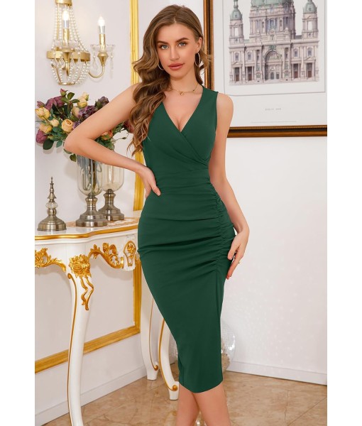 IHOT 2025 Women's Sexy V Neck Sleeveless Side Slit Ruched Bodycon Faux Wrap Party Cocktail Work Midi Dress