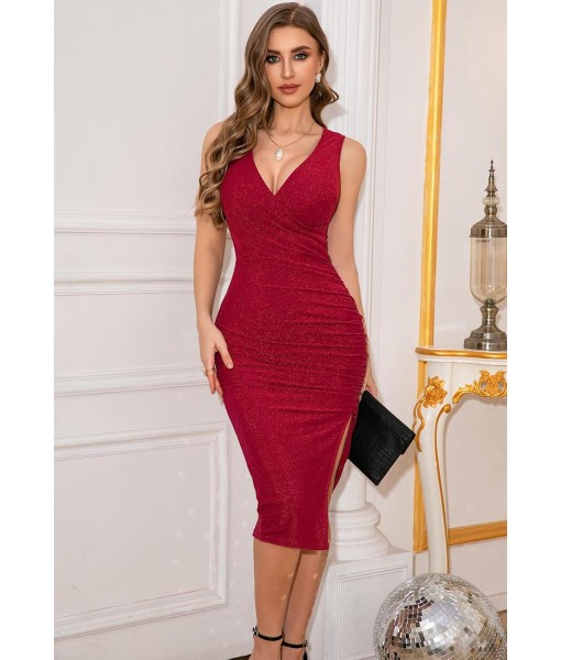 IHOT 2025 Women's Sexy V Neck Sleeveless Side Slit Ruched Bodycon Faux Wrap Party Cocktail Work Midi Dress