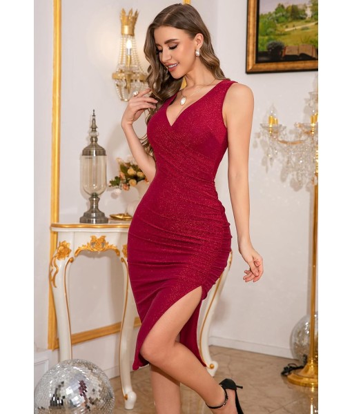 IHOT 2025 Women's Sexy V Neck Sleeveless Side Slit Ruched Bodycon Faux Wrap Party Cocktail Work Midi Dress