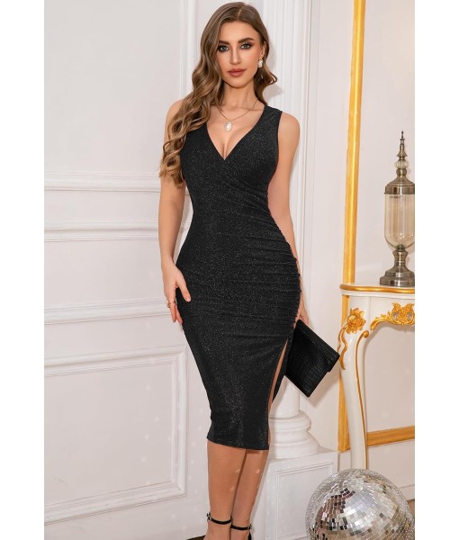 IHOT 2025 Women's Sexy V Neck Sleeveless Side Slit Ruched Bodycon Faux Wrap Party Cocktail Work Midi Dress