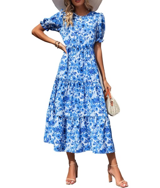 PRETTYGARDEN Summer Dresses for Women 2025 Casual Floral Boho Midi Sun Dress Puff Short Sleeve Flowy Beach Vacation Sundress