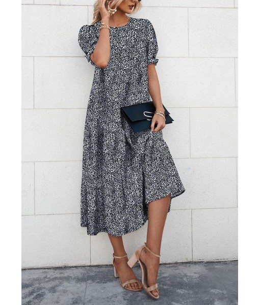 PRETTYGARDEN Summer Dresses for Women 2025 Casual Floral Boho Midi Sun Dress Puff Short Sleeve Flowy Beach Vacation Sundress