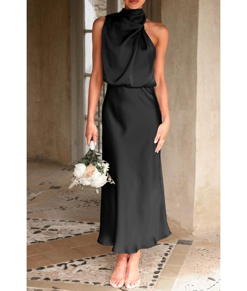 PRETTYGARDEN Women's 2025 Summer Satin Dress Elegant Sleeveless Mock Neck Cocktail Party Maxi Dresses