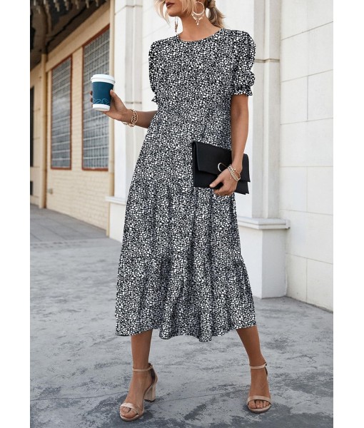 PRETTYGARDEN Summer Dresses for Women 2025 Casual Floral Boho Midi Sun Dress Puff Short Sleeve Flowy Beach Vacation Sundress