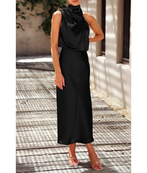PRETTYGARDEN Women's 2025 Summer Satin Dress Elegant Sleeveless Mock Neck Cocktail Party Maxi Dresses