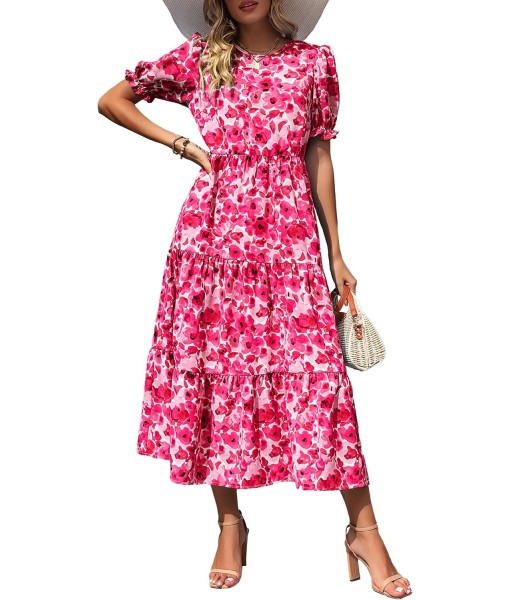 PRETTYGARDEN Summer Dresses for Women 2025 Casual Floral Boho Midi Sun Dress Puff Short Sleeve Flowy Beach Vacation Sundress