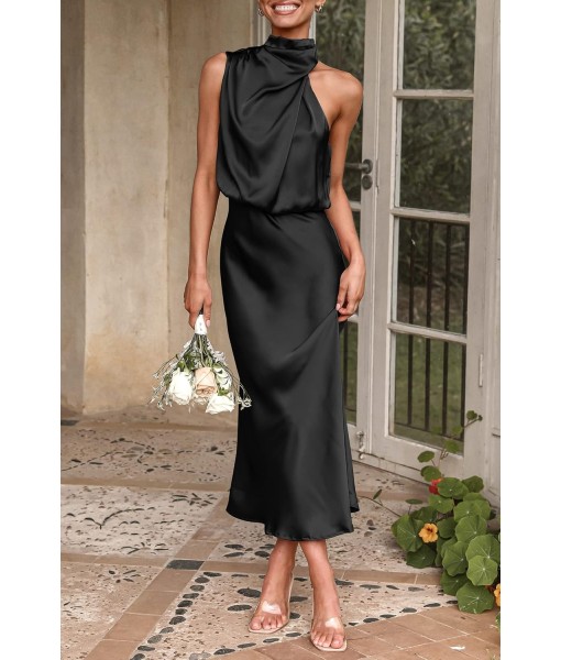 PRETTYGARDEN Women's 2025 Summer Satin Dress Elegant Sleeveless Mock Neck Cocktail Party Maxi Dresses