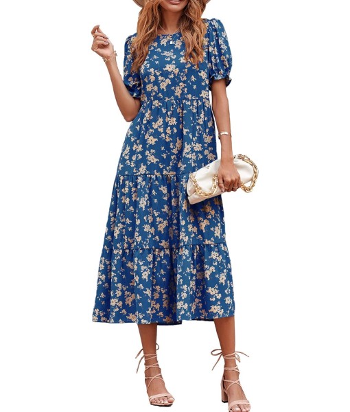 PRETTYGARDEN Summer Dresses for Women 2025 Casual Floral Boho Midi Sun Dress Puff Short Sleeve Flowy Beach Vacation Sundress