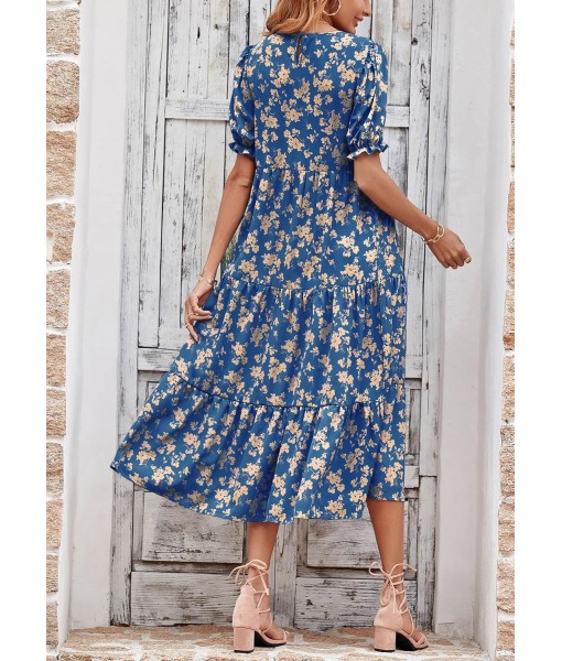 PRETTYGARDEN Summer Dresses for Women 2025 Casual Floral Boho Midi Sun Dress Puff Short Sleeve Flowy Beach Vacation Sundress