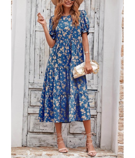 PRETTYGARDEN Summer Dresses for Women 2025 Casual Floral Boho Midi Sun Dress Puff Short Sleeve Flowy Beach Vacation Sundress