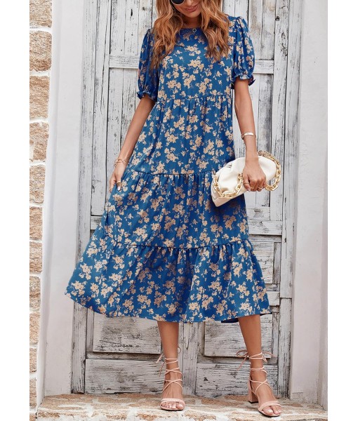 PRETTYGARDEN Summer Dresses for Women 2025 Casual Floral Boho Midi Sun Dress Puff Short Sleeve Flowy Beach Vacation Sundress