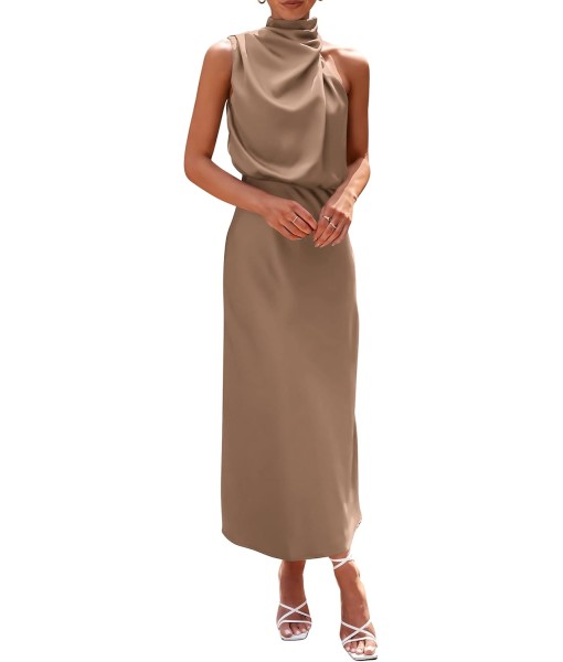 PRETTYGARDEN Women's 2025 Summer Satin Dress Elegant Sleeveless Mock Neck Cocktail Party Maxi Dresses